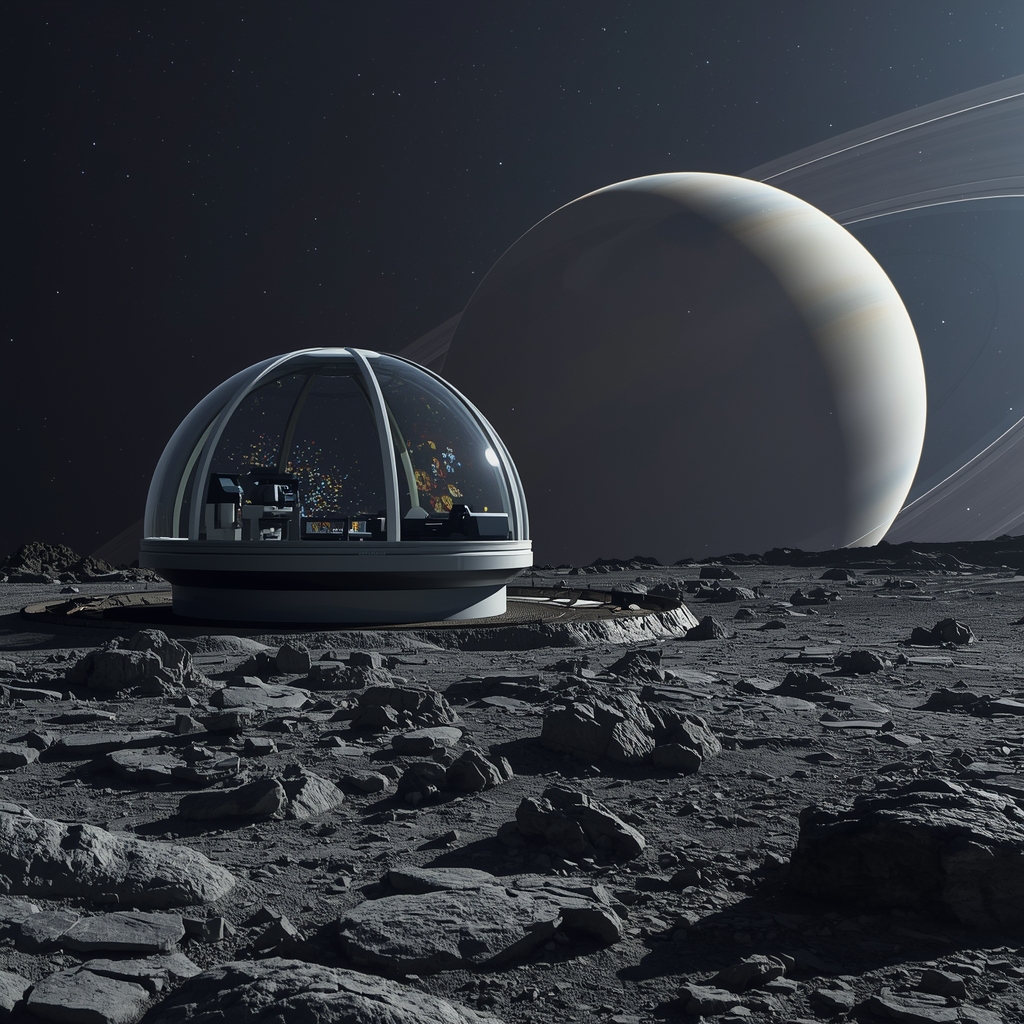 A high-tech holographic observatory dome located on the surface of a rocky moon, overlooking a giant ringed planet like Saturn in the sky